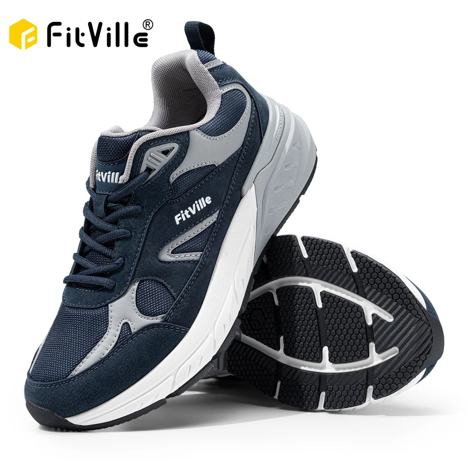 FitVille The newest men's walking shoes Sneakers wide with support for the plantar arch for flat feet Lift from the pain to the heel