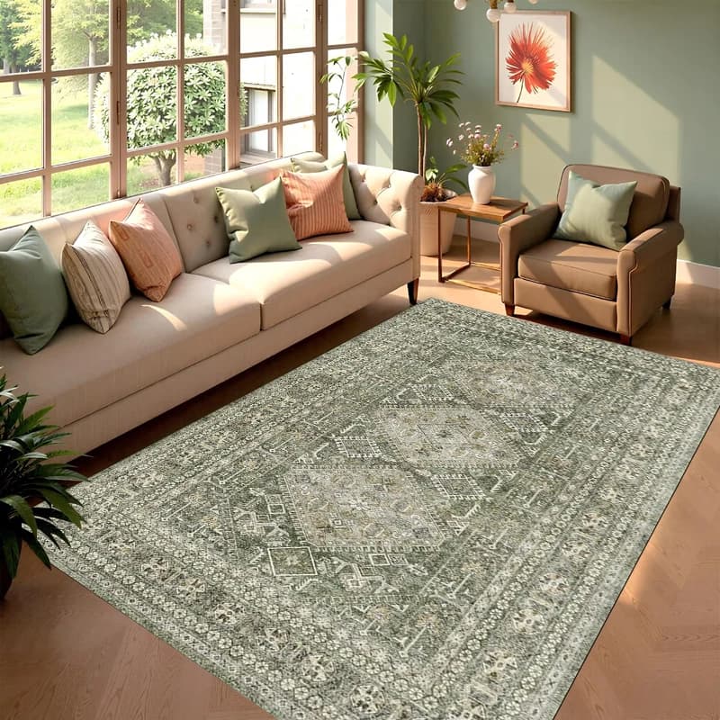 Tappeto Orientale Boho Effetto Invecchiato, Classico con Motivo Geometrico a Medaglione, Antiscivolo, Grande, Morbido, per Soggiorno e Casa in Stile Rustico