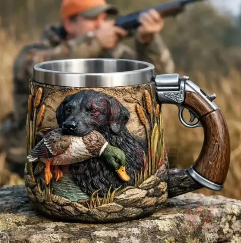 Boccale da Birra con Tema Caccia, Anatre e Cani in Rilievo 3D, Boccale a Doppia Parete Rivestito in Acciaio Inossidabile per Regali al Cacciatore e Decorazione Bar