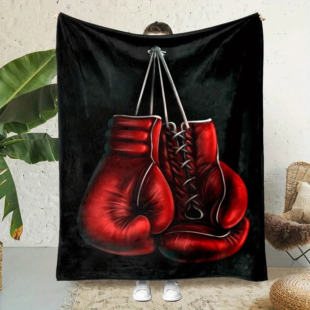 Decorative Boxing Gloves Throw Blanket Black Background Gym Sport Art Couch Throw Fleece Blanket Gift for Him Dad Room Decor