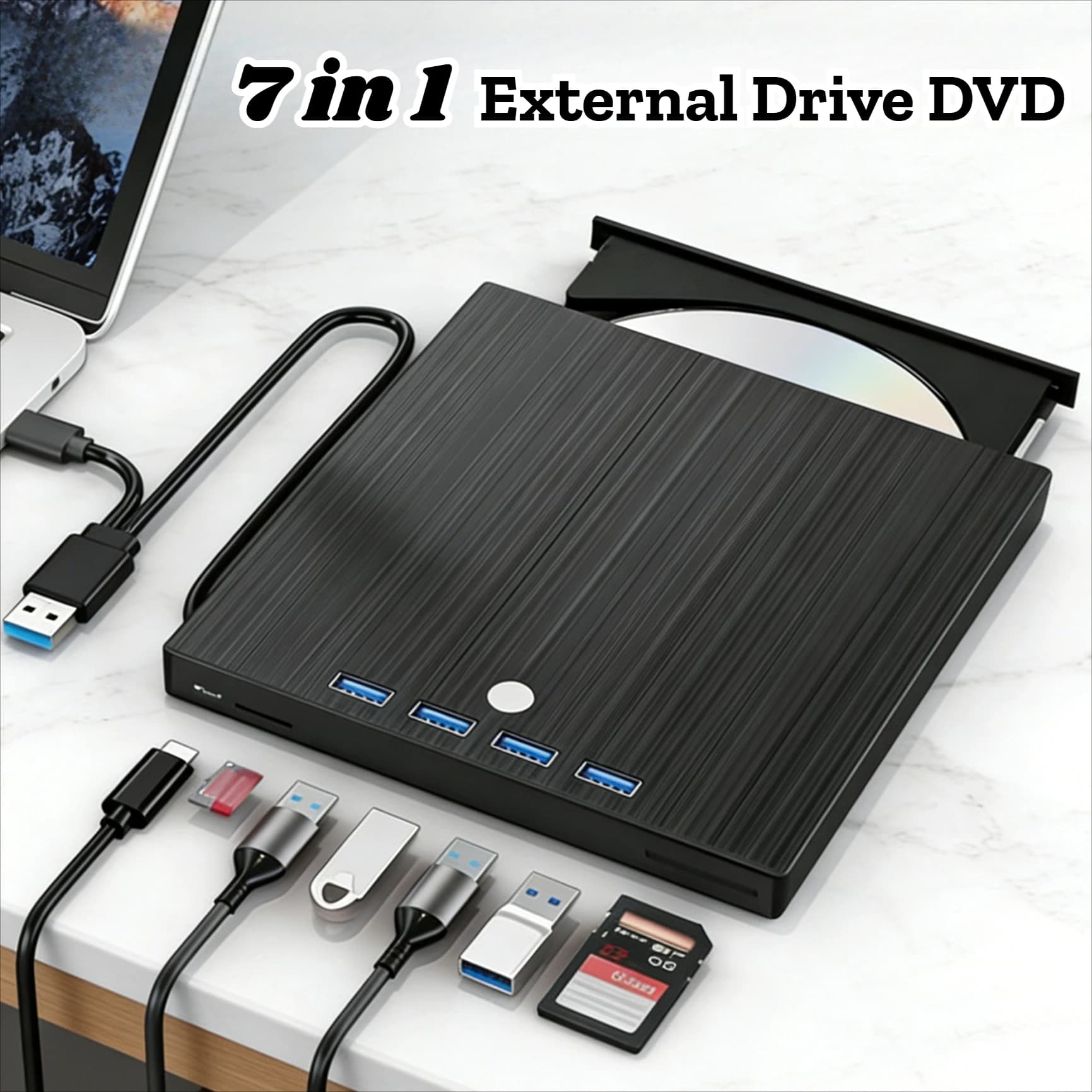 Unità Ottica Portatile USB 3.0 Type-C 7-in-1 CD DVD RW, Lettore/Scrittore Ultra-Sottile per Laptop, Desktop PC, Mac
