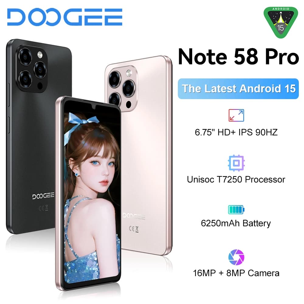 DOOGEE Note58 Pro Smartphone 6.75" HD+ Display Telefono Portatile 8GB RAM 256GB ROM 6250mAh Batteria Android 15 NFC Cellulari