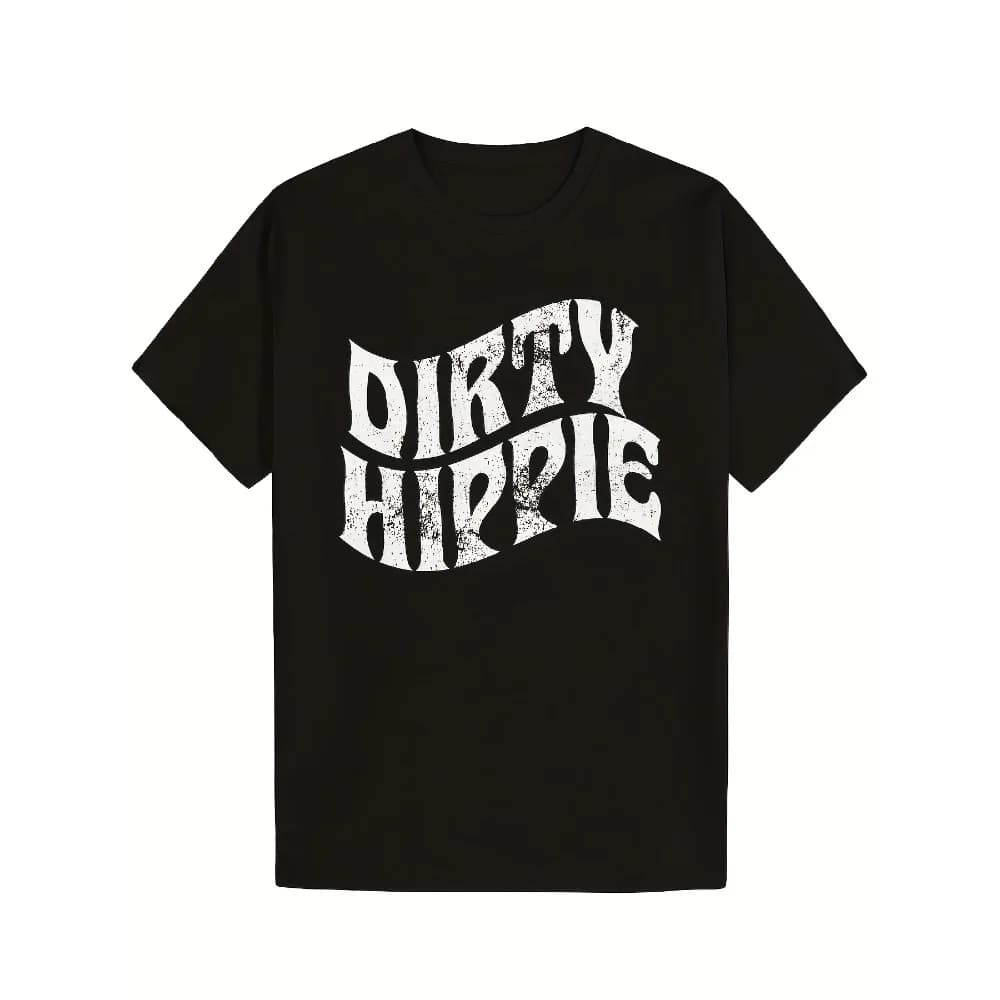 T-shirt Grafica Dirty Hippie da Uomo e Unisex - Cotone Morbido 180gsm Nero con Scritta Bianca Effetto Consumato, Streetwear Casual