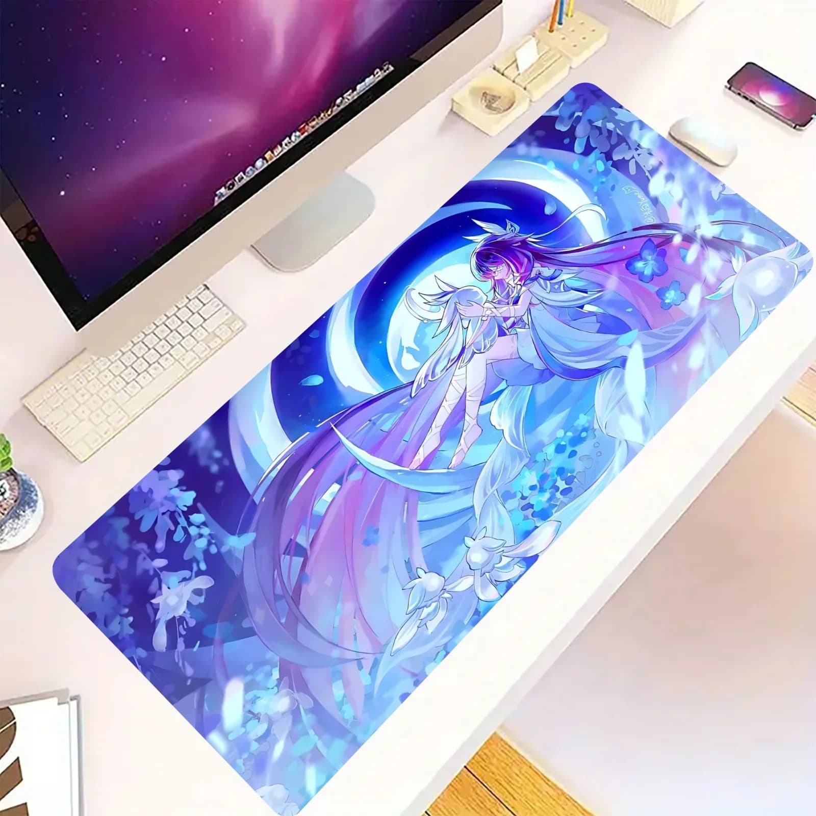 Tappetino per Mouse da Gaming con Ragazza Anime Blu e Viola, Grande Tappetino Antiscivolo con Atmosfera Magica per Giocatori e Ufficio