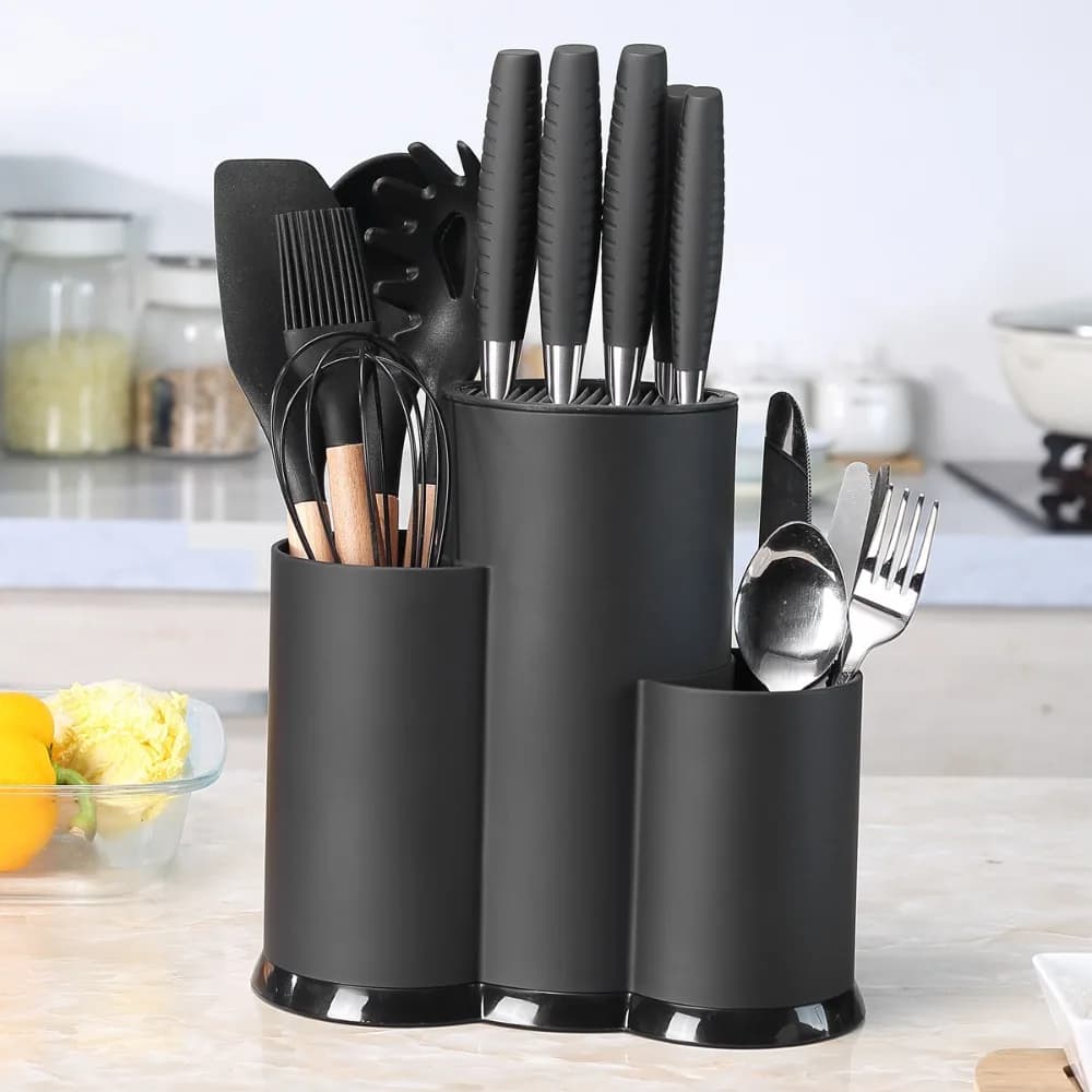 Multifunctional Universal Knife Holder Plastic Kitchen Tool Cutters with 2/3 Grid Fork for storage box cutlery black/white
