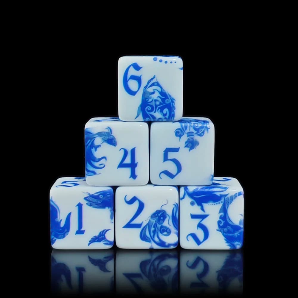 12Pcs Blue And White Porcelain Koi Fish D6 Dice,Chinese Style 16MM Square Acrylic 6-Sided For DND RPG TTRP Tabletop Board Game