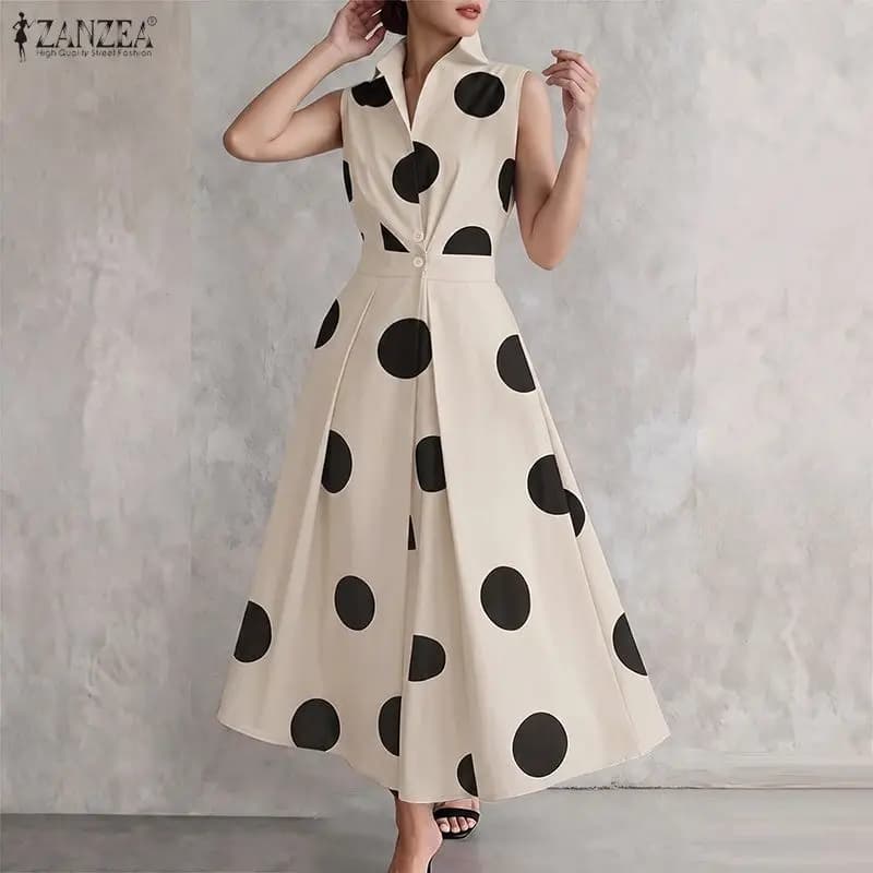ZANZEA Women Polka Dots Maxi Dress Turn-Down Collar Sleeveless Cinch Waist A-Line Dresses Summer Fashion OL Work Vestidos Mujer