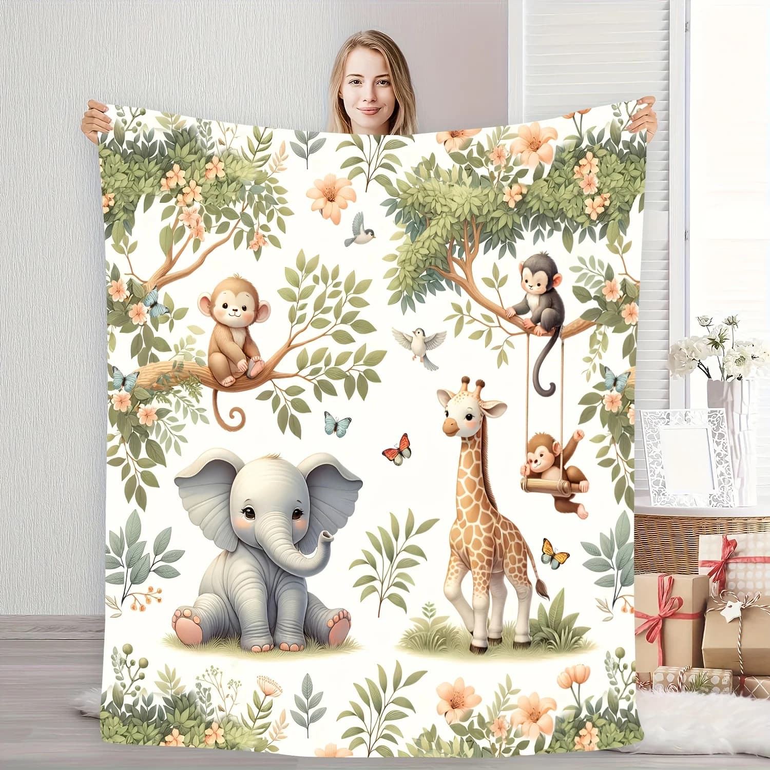 Coperta in flanella con animali primaverili: simpatico elefante/giraffa, calda coperta per campeggio/casa, regalo perfetto per la famiglia e i migliori amici