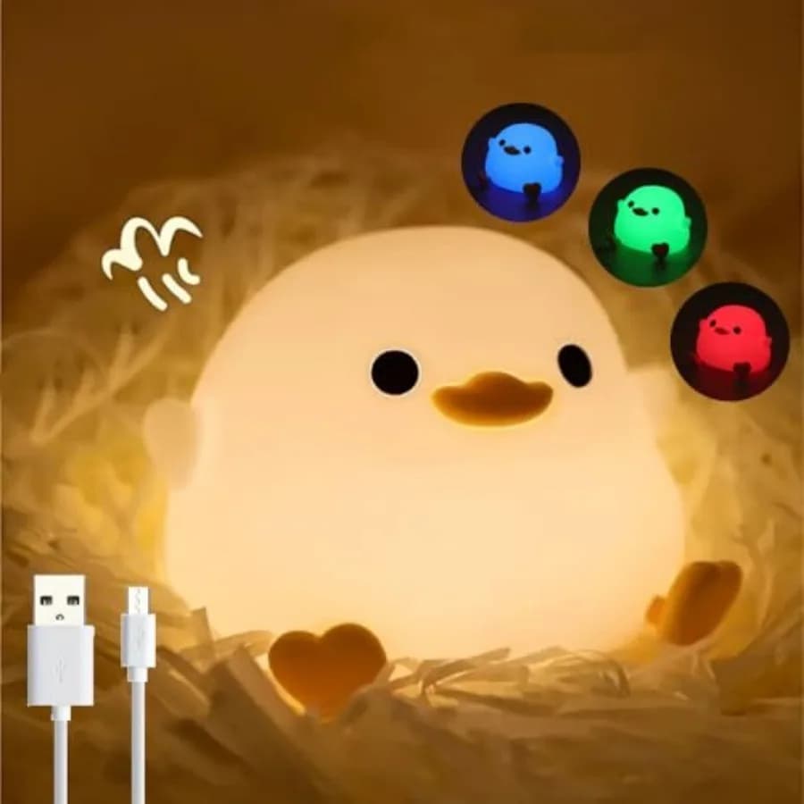 DoDo Duck Night Light, LED Cute Silicone Dimmable Nursery Lamp, Rechargeable USB-C Bedside Touch Sensor Lamp, RGB and Warm Whit