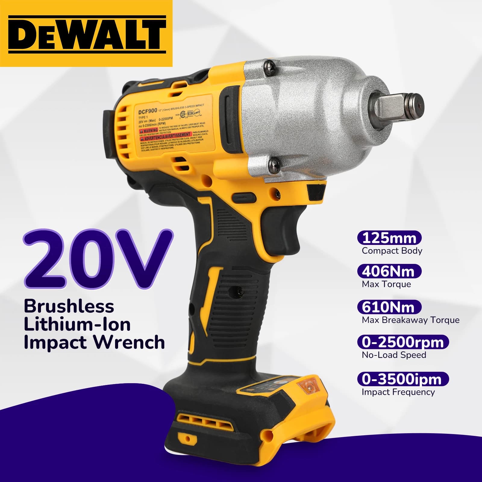 Avvitatore a impulsi brushless da 1/2 pollice, ad alta coppia, senza fili, per riparazioni auto/costruzioni, compatibile con batteria DeWalt 20V