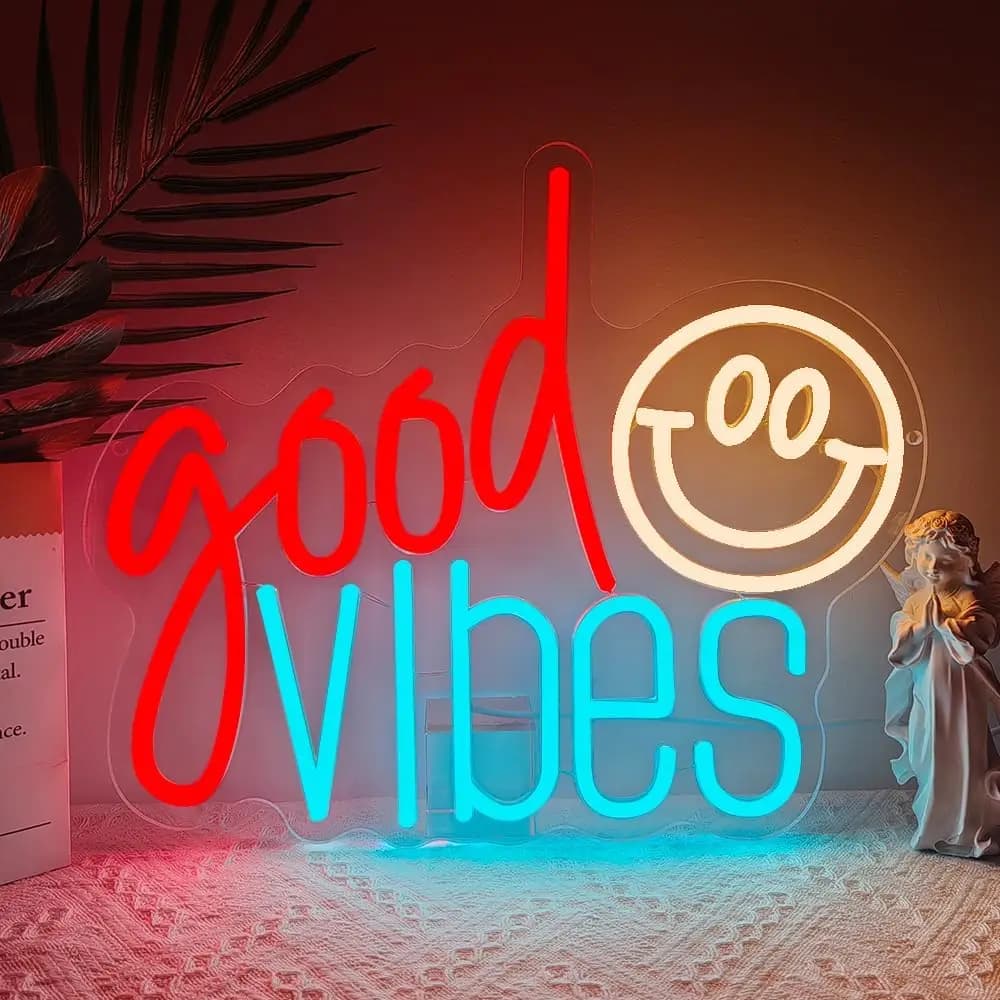 Insegna al Neon 'Good Vibes' USB Dimmerabile, Luce LED con Faccina Sorridente per Bar, Feste, Dormitori, Sale Giochi, Decorazioni per Camera da Letto, Regalo Personalizzato