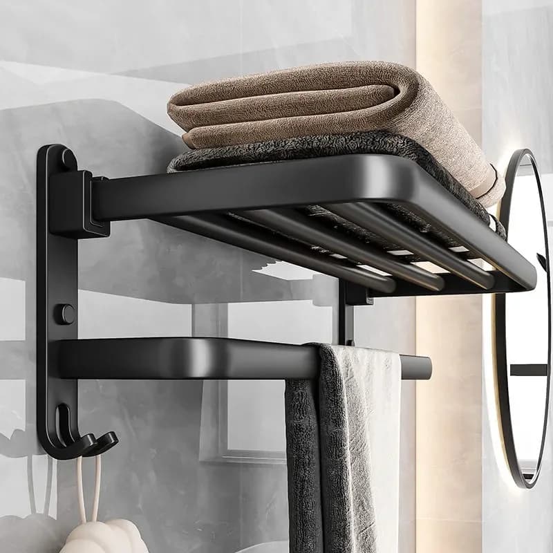 Porta asciugamani pieghevole da bagno a 2 strati con ganci Porta asciugamani da bagno autoadesivo con montaggio a parete in alluminio nero opaco senza trapano
