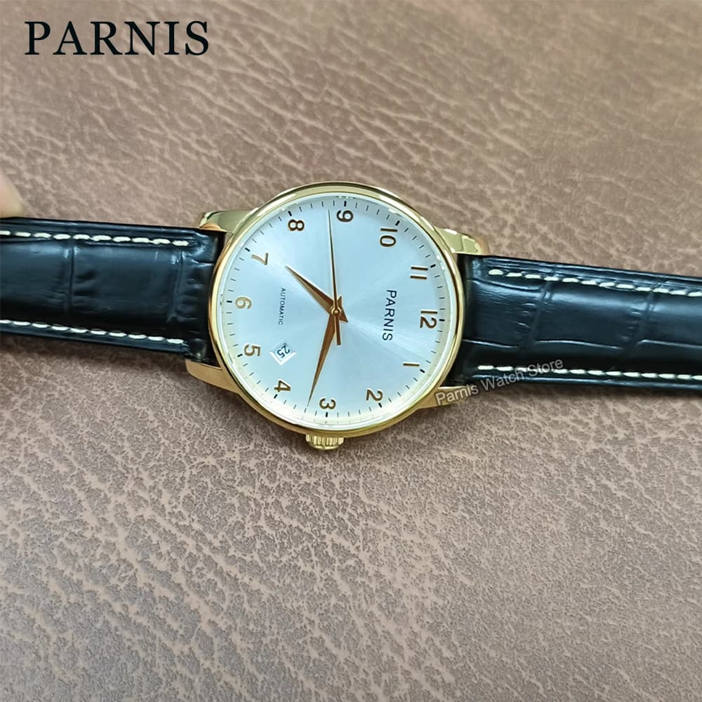 Parnis 38mm Miyota8215 Automatic White Dial Gold Marks Color Men Casual Watch Sapphire Glass Date Indicator