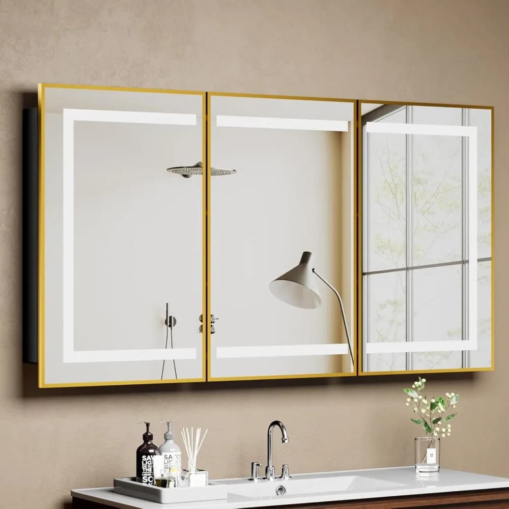 Led Medicine Cabinet with Mirror, Bathroom Vanity Mirror Cabinet with Shelves, 3-Color Lights Dimmer (Gold, 32" H x, Customized