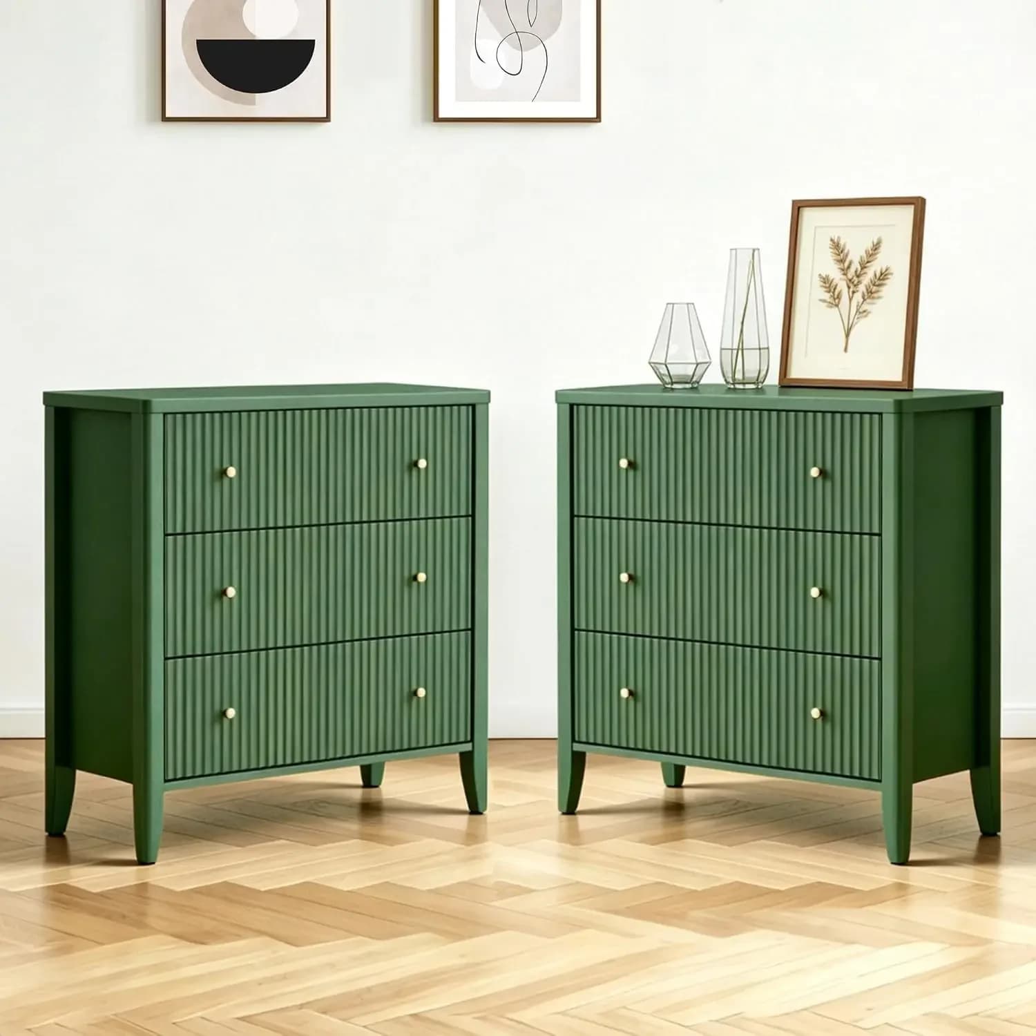Fluted 3 Drawer Dresser for Bedroom Set of 2, 34" Wide Chest of Drawers, Modern Wood Nightstand End Table with Metal Handles, St