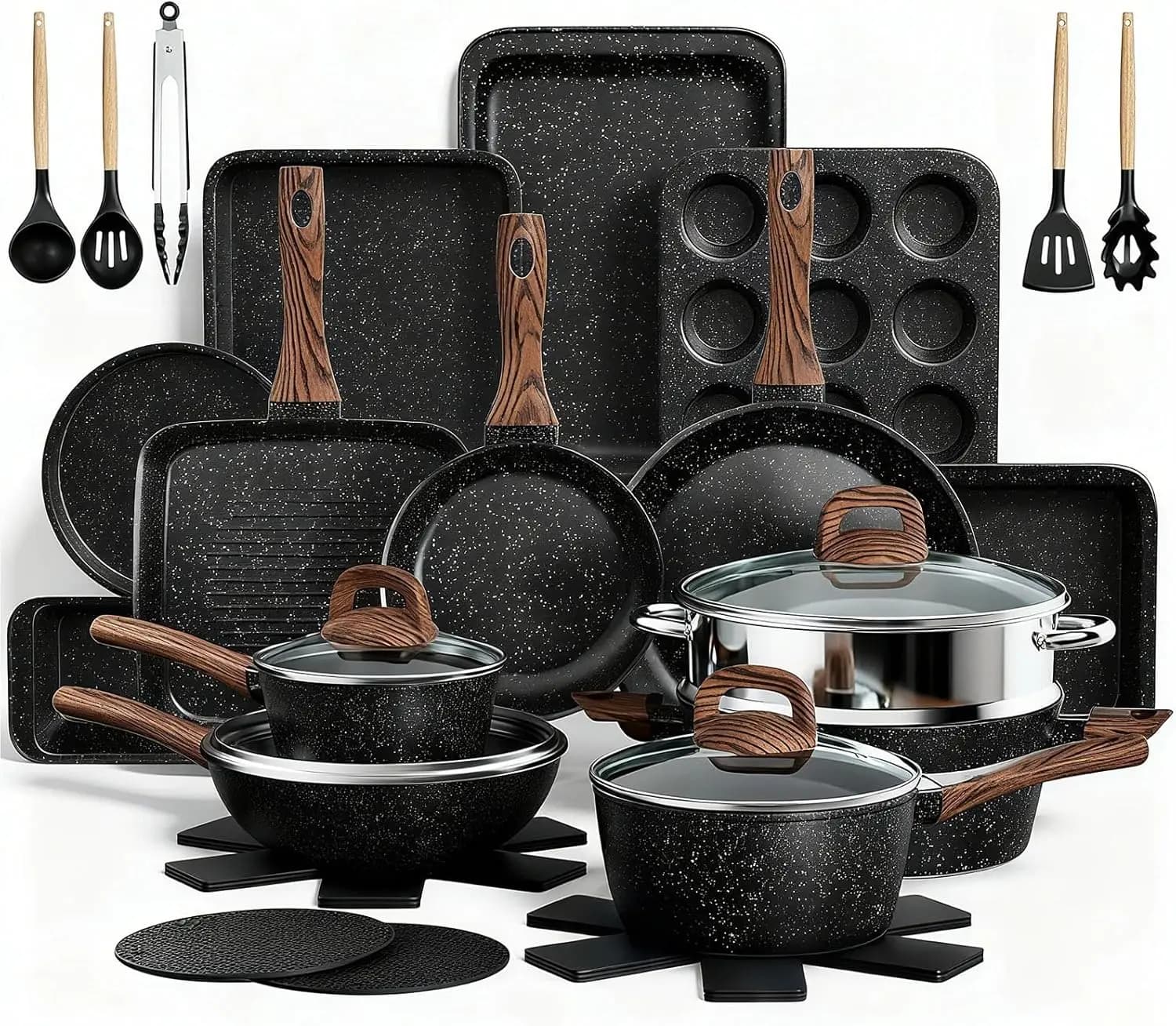 Pots and Pans Set Non Stick, 31 Piece Kitchen Induction Cookware & Bakeware Set, Nonstick Kitchen Cooking Pans Set with Frying P