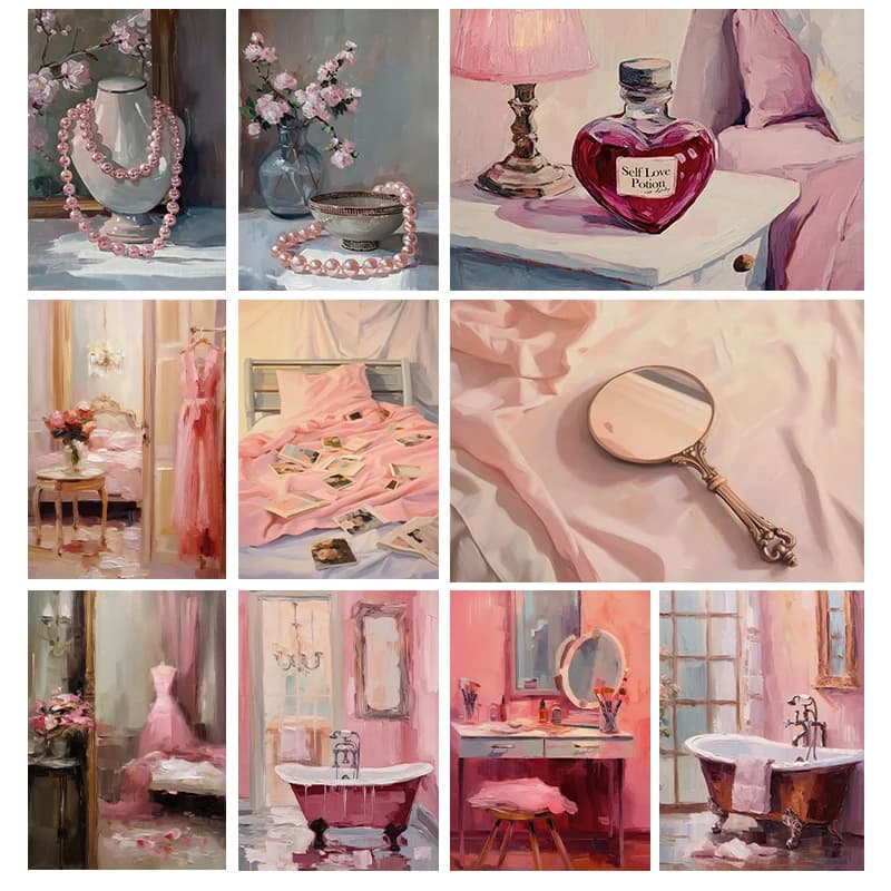 Collana di perle a specchio rosa Trendy Still Life Poster Stampa su tela Immagine di arte della parete per spogliatoio Girly Bagno Decor Gift