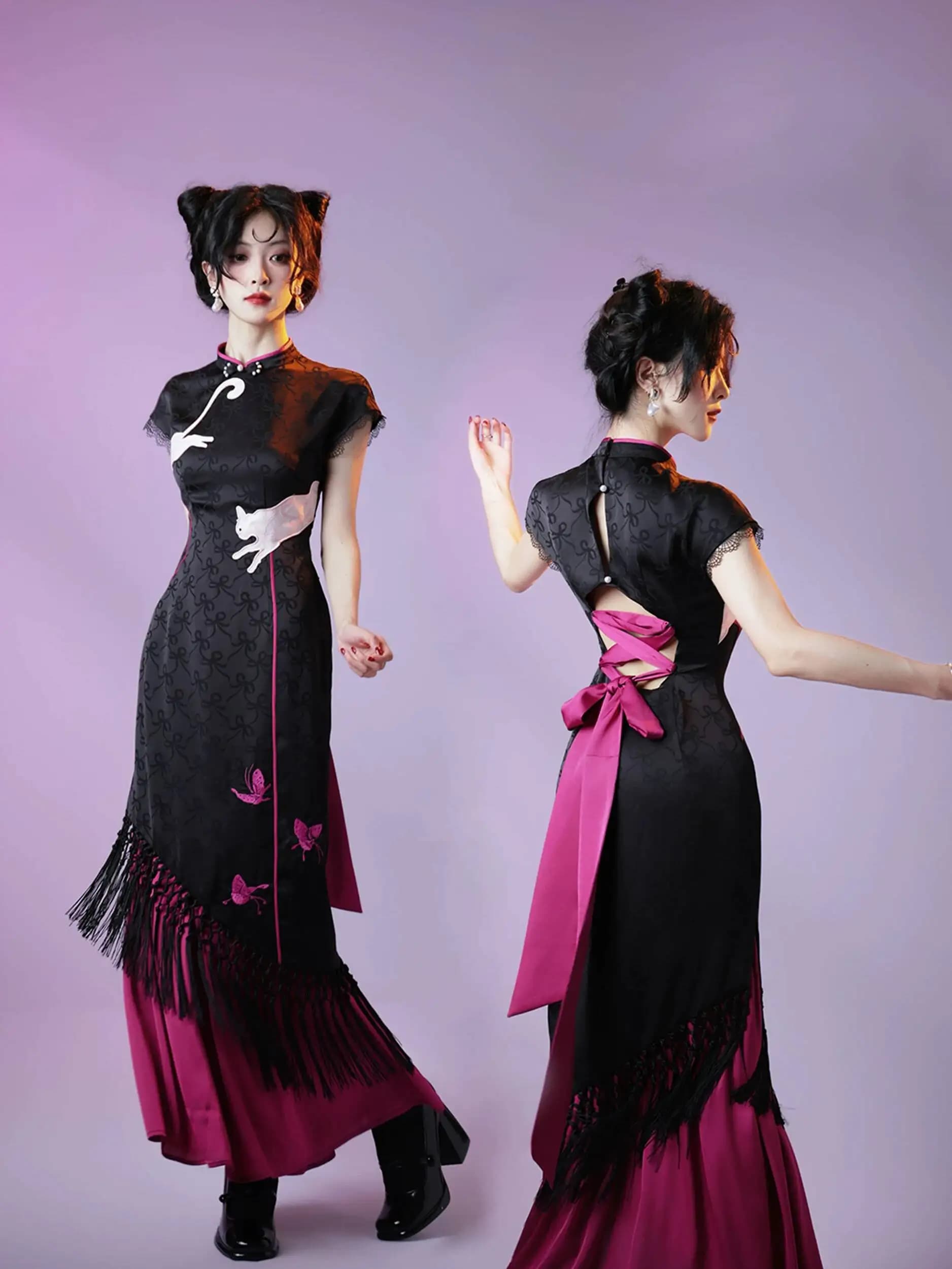 New Black Pink Jacquard Embroidery Summer Cat Stamp Backless Strap Dress Long Skirt Fiesta Carnival Halloween Cos Cosplay