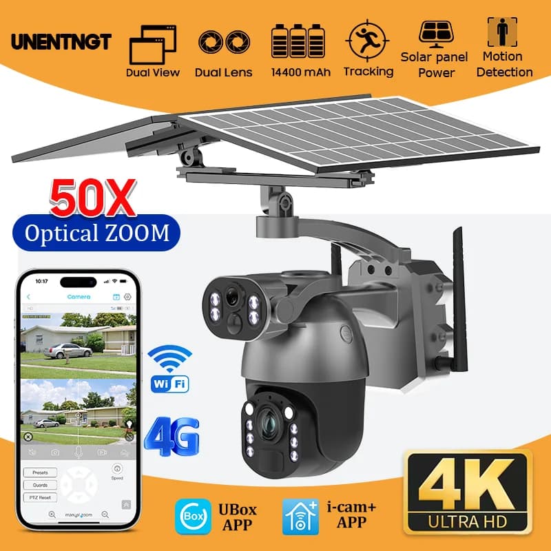UNENTGT 8MP 50x Zoom Telecamera di sicurezza wireless solare Doppia lente Registrazione video PTZ Cam esterna 4G SIM /WIFI Visione notturna a colori