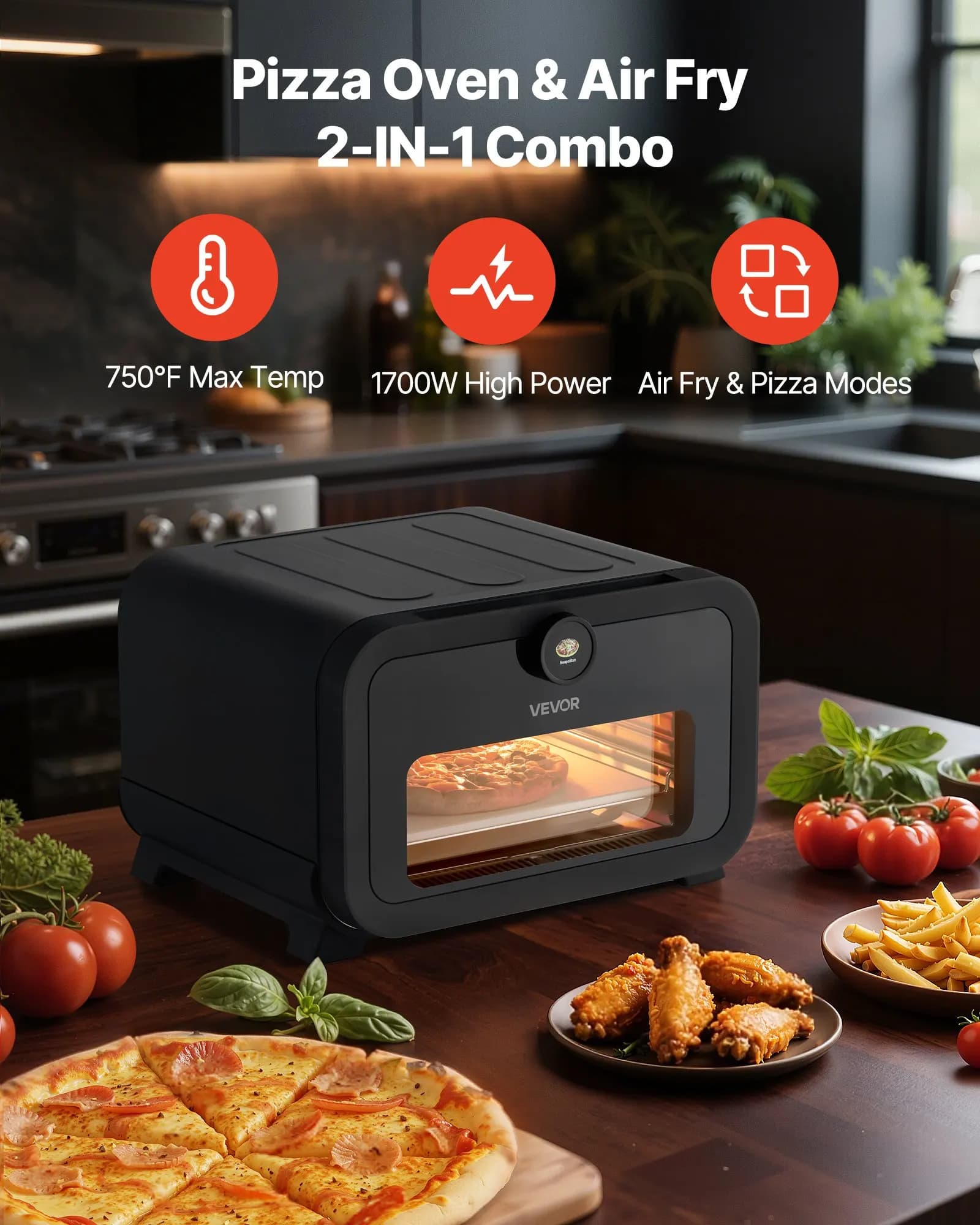 Forno per Pizza, 8 Programmi Preimpostati, Forno Elettrico per Pizza e Friggitrice ad Aria, Macchina per Pizza da Interno da 12 Pollici, Controllo Intelligente con Manopola, 750 ° F Max Temp, IPX4