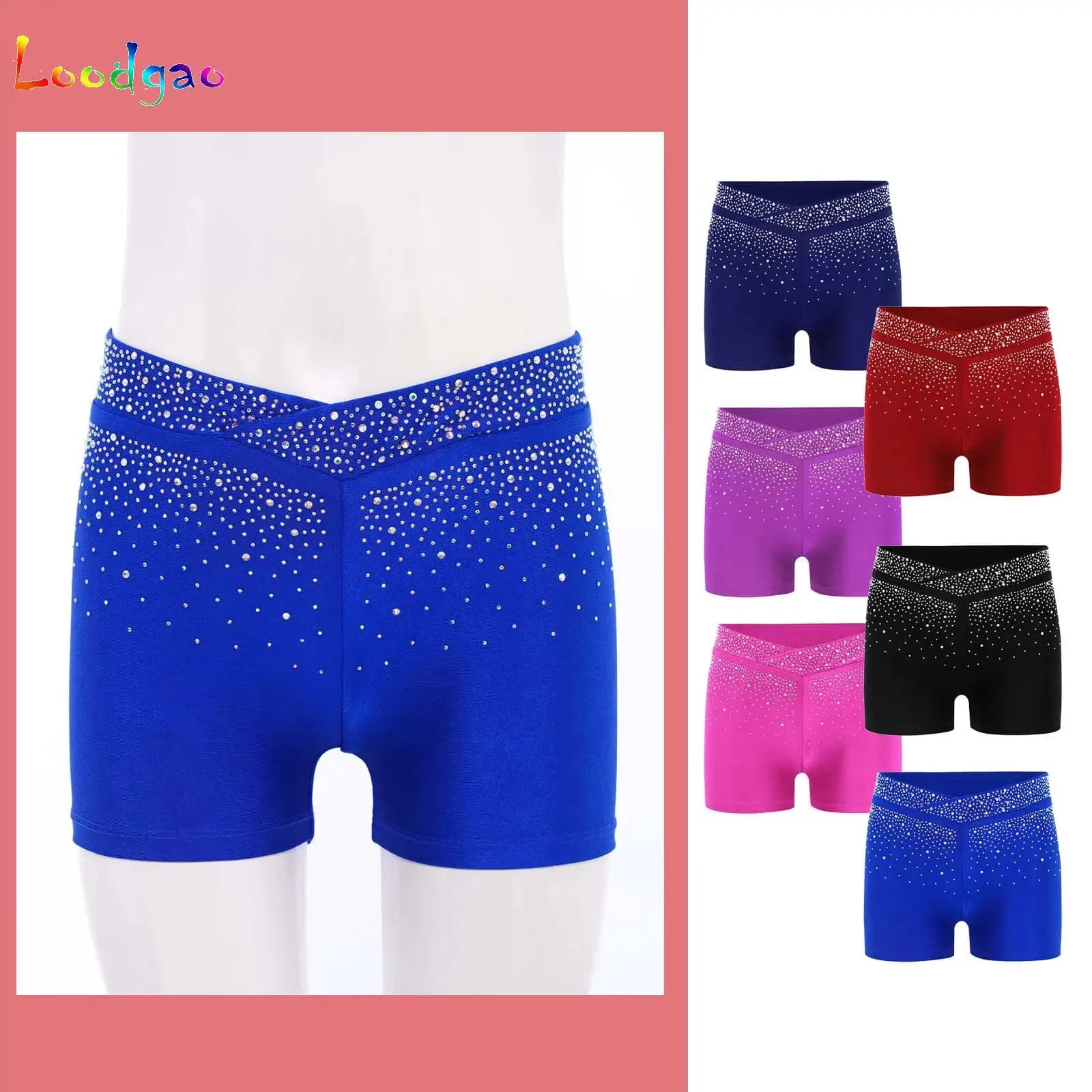 Pantaloncini con elastico in vita anteriore a V con strass per bambina per pattinaggio di figura, balletto, danza, ginnastica, acrobazie, performance, festa