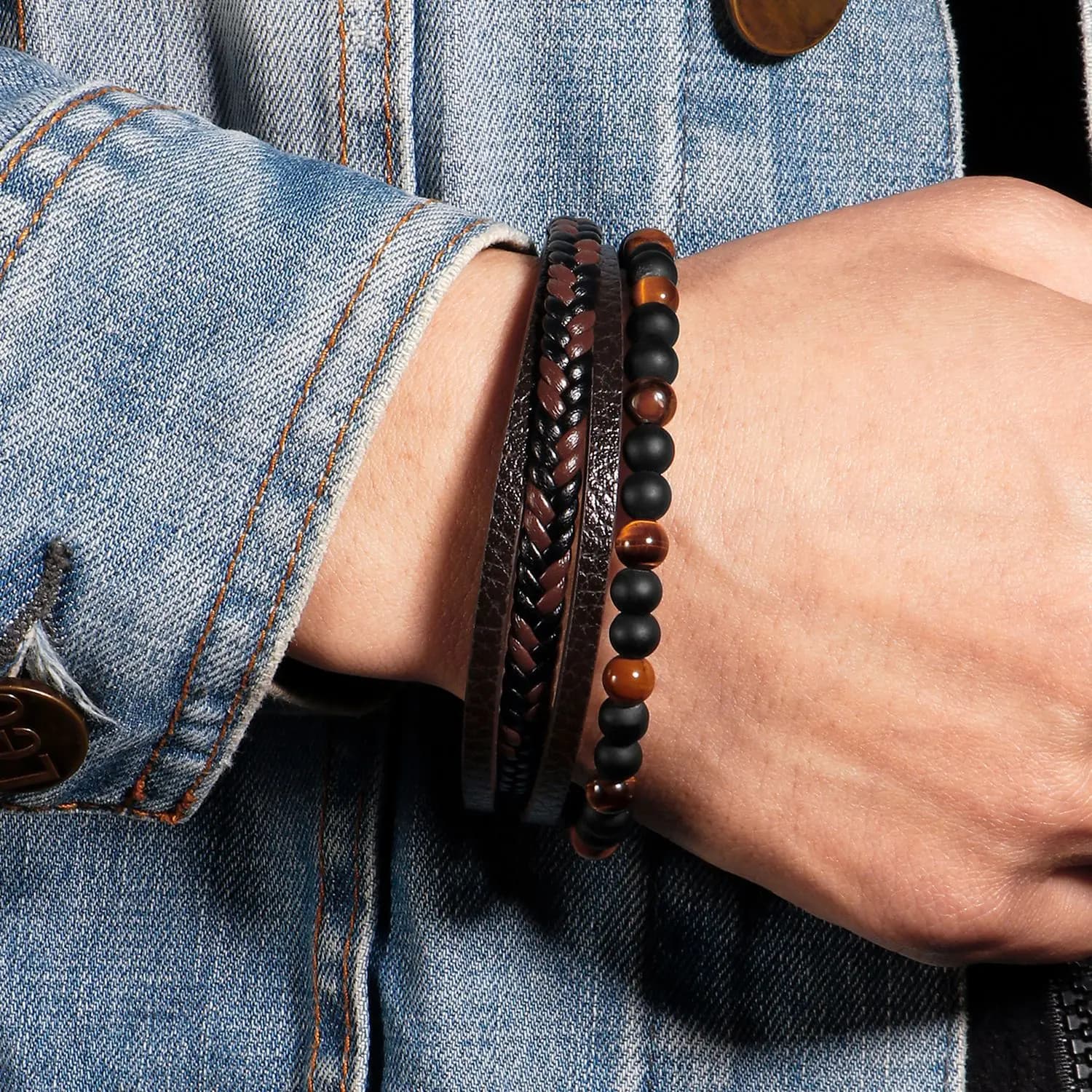 Men's Leather Bracelet Hand woven Multilayer Leather Bracelet with Natural Tiger Eye Beads