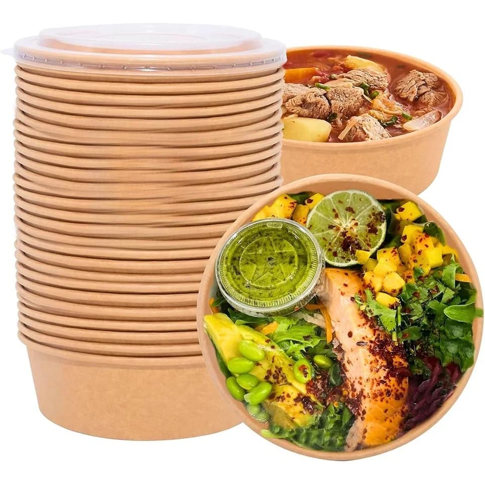 10/20PCS Disposable Kraft Paper Bowls Round Food Containers with Lids for Lunch Salad Noodles Meal Prep Takeaway Packaging