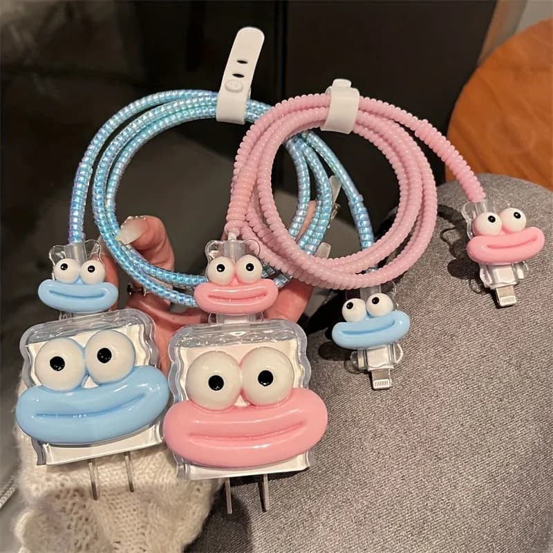 Set of 5 Apple charging cable protections, with wavy smiley designs. Suitable for iPhone 14 Pro Max chargers, dat