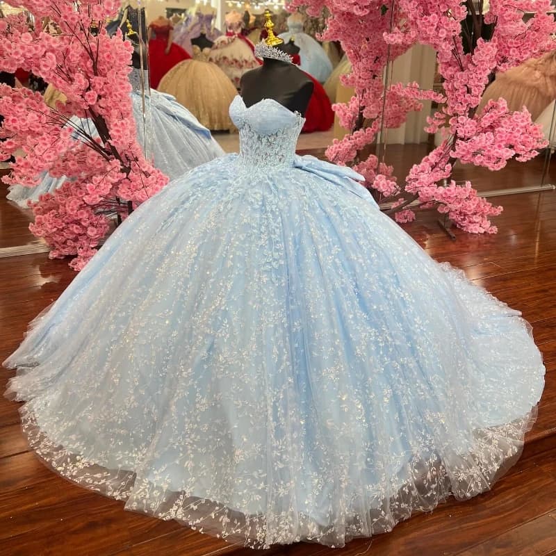 Abito da ballo lucido blu cielo abiti Quinceanera con spalle scoperte perline con fiocco in cristallo con spalle scoperte dolce 16 anni abiti 15 De