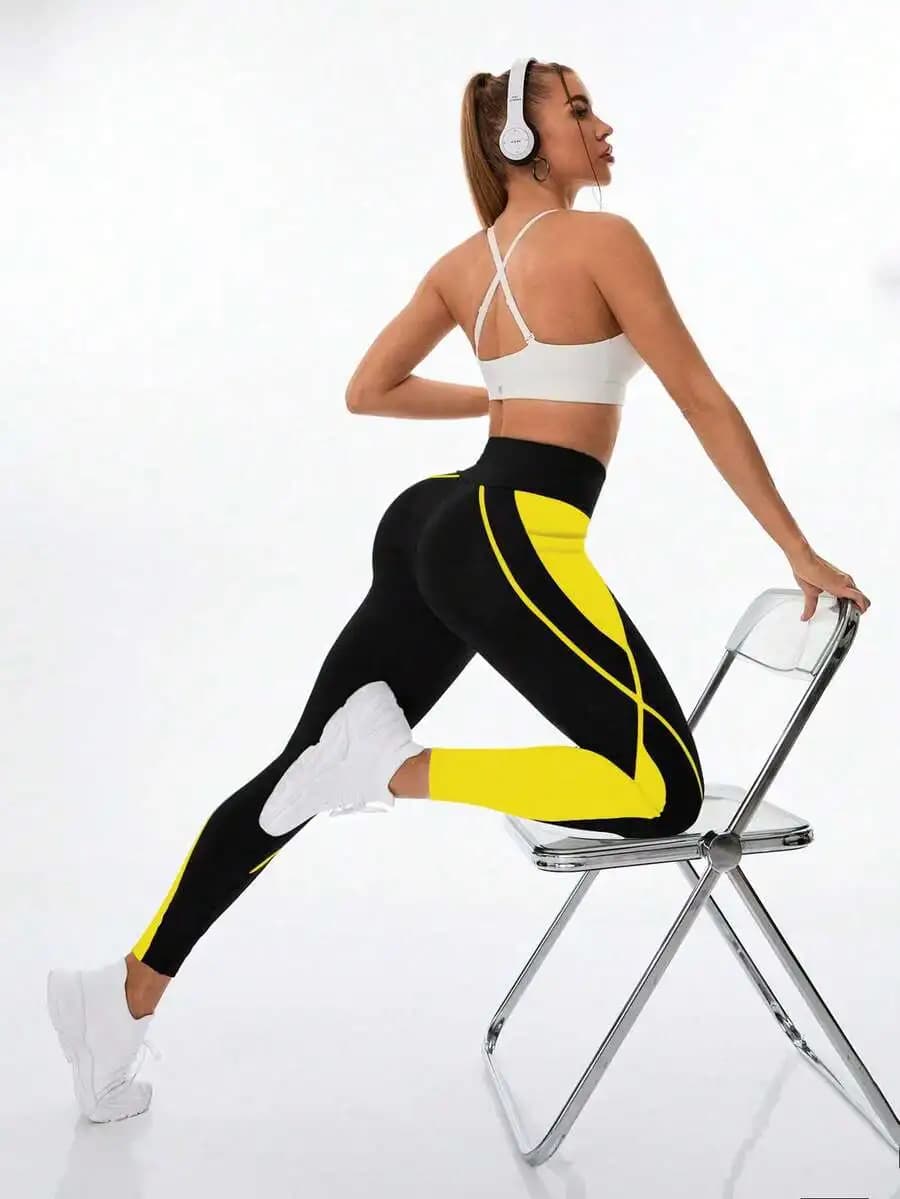 Leggings da donna a vita alta con colori a contrasto e tasche per fitness e sport