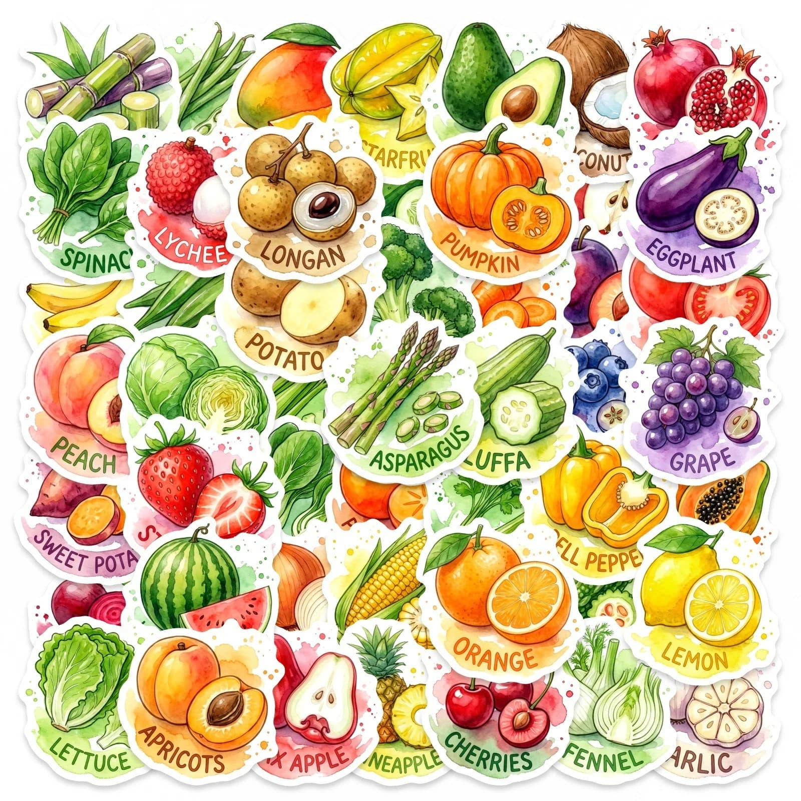 50/100 Pezzi Adesivi HD per Acquerello, Frutta e Verdura, Spessi e Impermeabili per Telefono, Frigorifero, Armadio, Forno, Porta Pranzo, Casco
