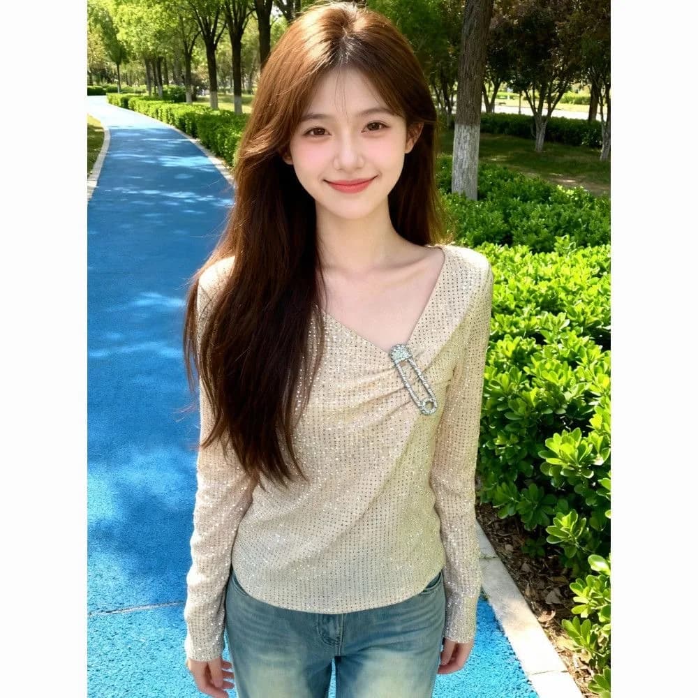 Unique Slim Fit Sequin Long Sleeve T-Shirt Fashionable Base Layer Spring Commute Style V-Neck Women's Color Top