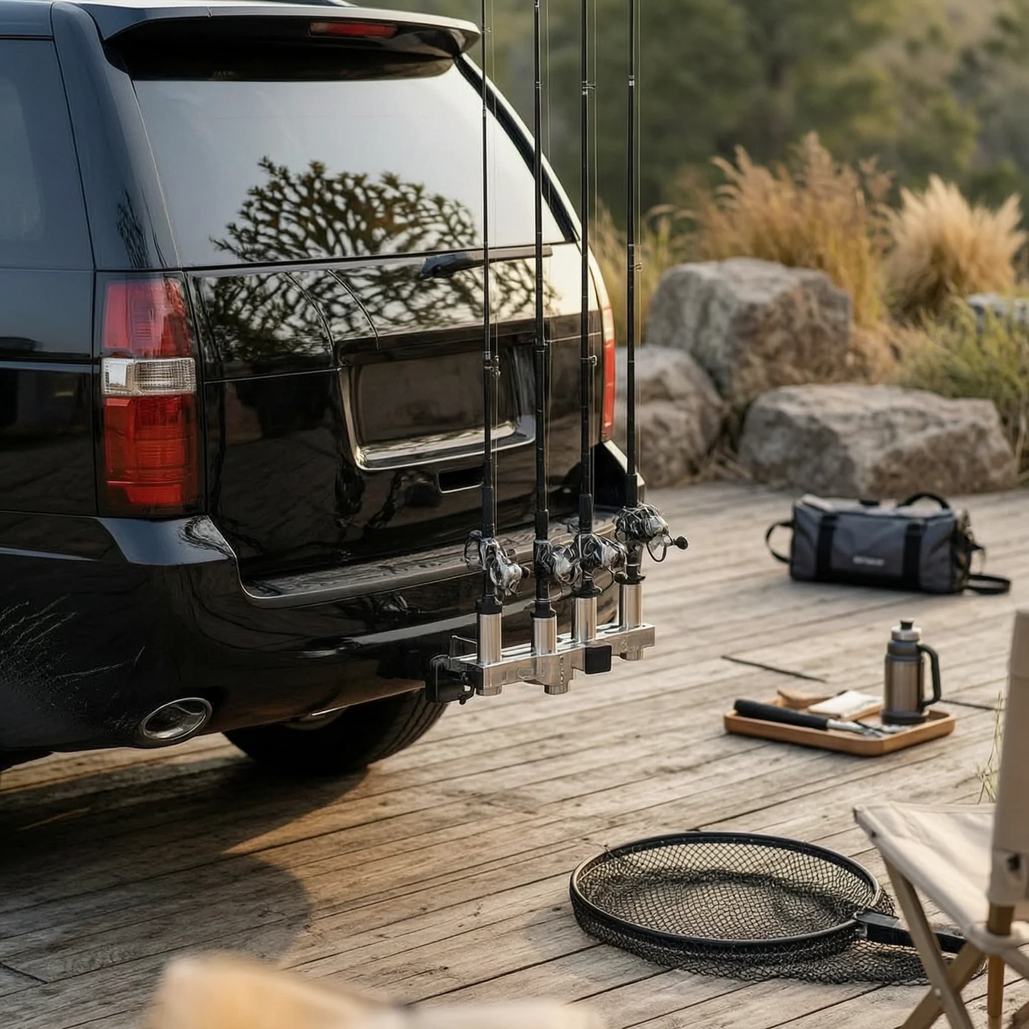 Hitch Fishing Rod Holder Universal Fit Hitch Rod Rack Car Fishing Pole Holder Adjustable Angle Vehicle Accessory for Outdoor