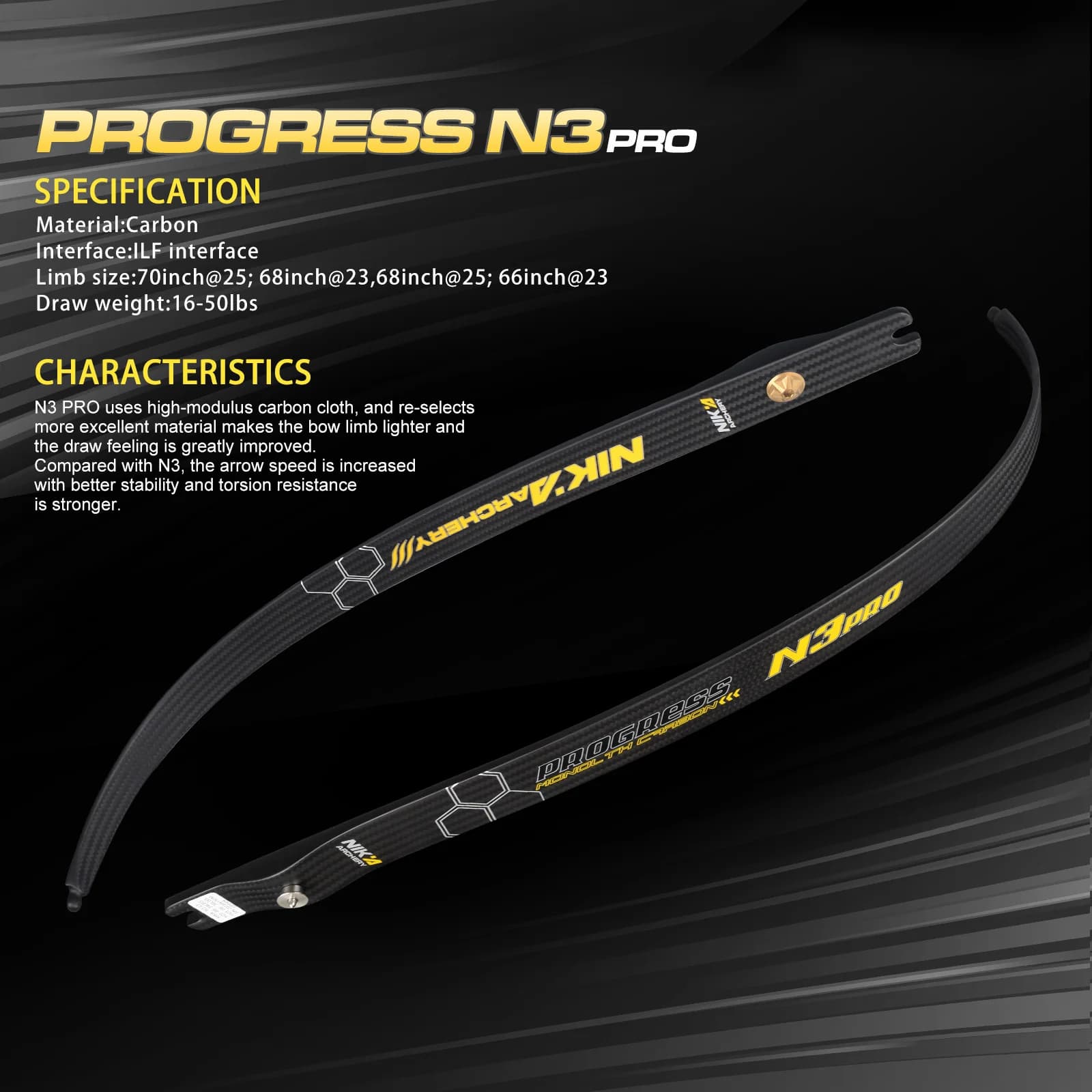 1Pair Newest ILF Bow Limbs ARCHERY 68" 70''@25H Pro N3 Limbs 100% Carbon Fiber Limbs Draw Weight 20-46LBS