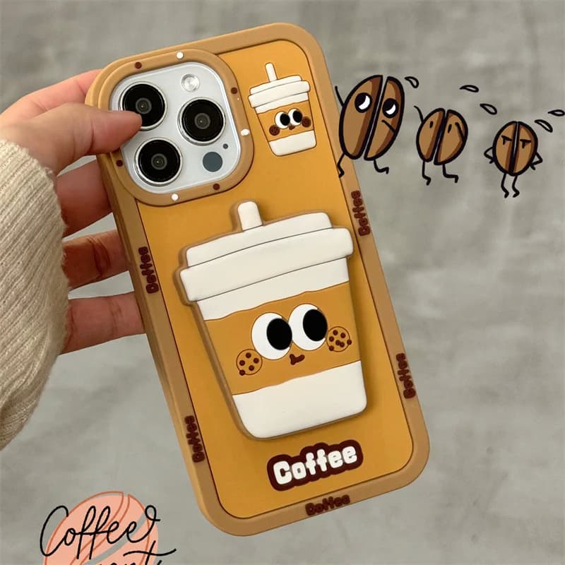 3D Cute Cartoon Bubble Milk Tea Bracket Soft Silicone Phone Case For iPhone 17 Air 16 15 14 13 12 Pro Max Plus Shockproof Cover