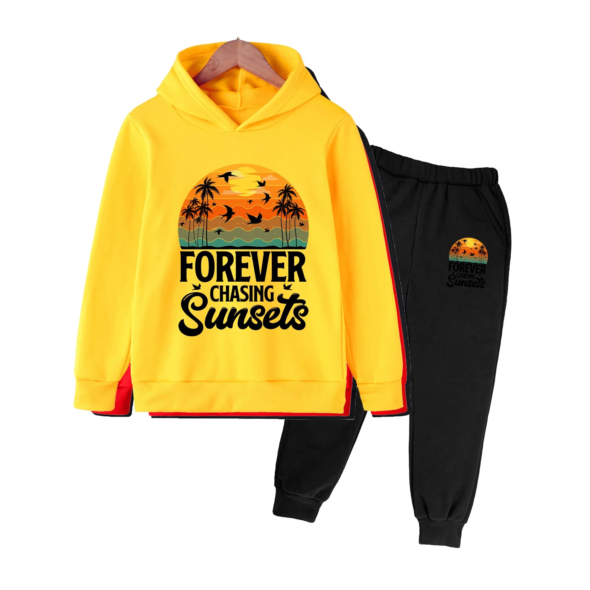 Kids Hoodie & Sweatpants Set, FOREVER CHASING SUNSETS Tropical Print, Casual Beach Outdoor Outfit for Boys Girls