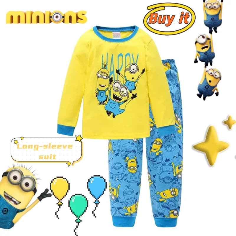 Nuovo Set Pigiama in Puro Cotone a Maniche Lunghe con T-Shirt dei Minion di Despicable Me, Regalo per Bambini e Bambine