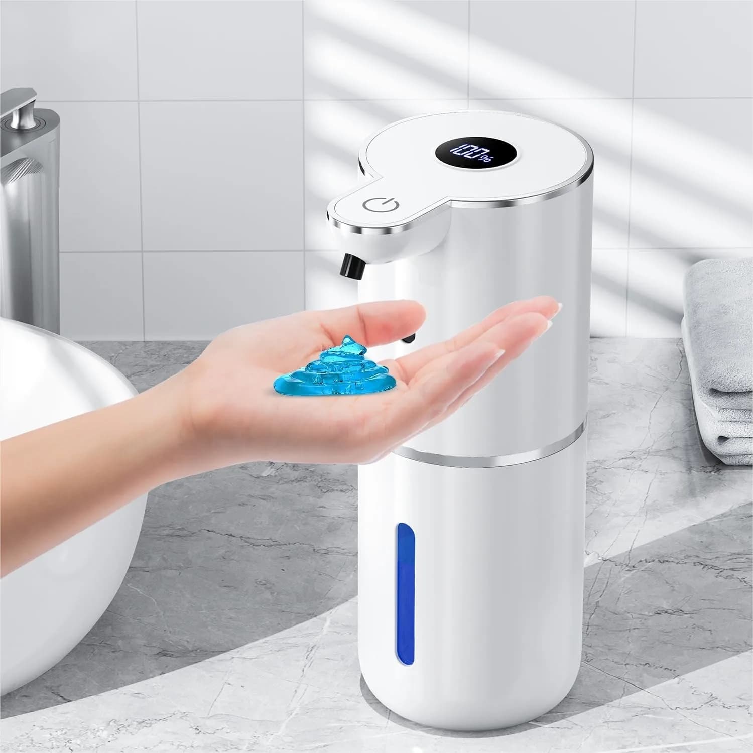 Dispenser automatico di sapone senza contatto con display digitale, 6 livelli regolabili, batteria ricaricabile da 1200 mAh, 380 ml, montaggio a parete o
