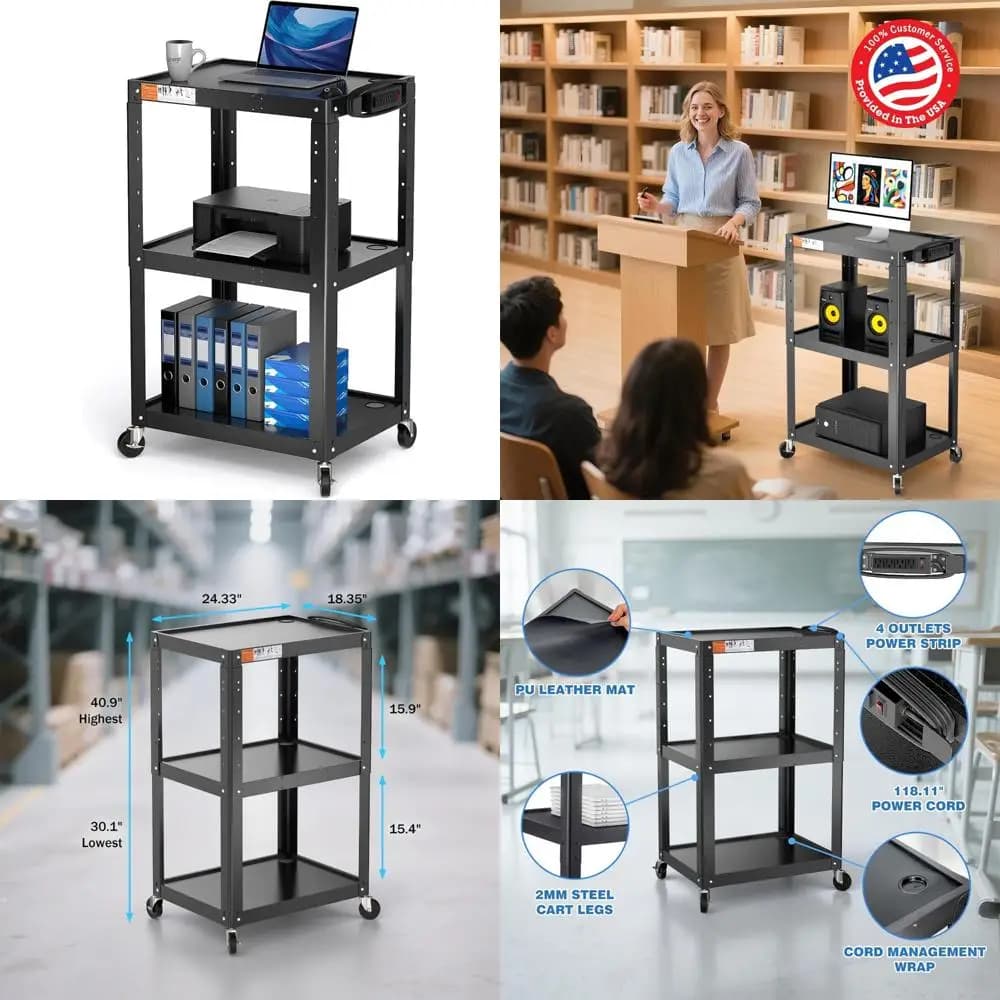 Carrello multiuso in acciaio a 3 livelli con ruote e ciabatta - Supporto AV mobile per proiettori, TV, laptop, computer e stampanti