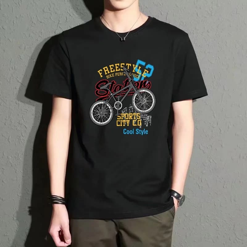 Men's Black Round-Neck Short-Sleeved T-Shirt, Trendy Top with Bicycle Print, Street Casual Style, Comfortable and Breathable for Everyday Wear, Versatile Fashion Item