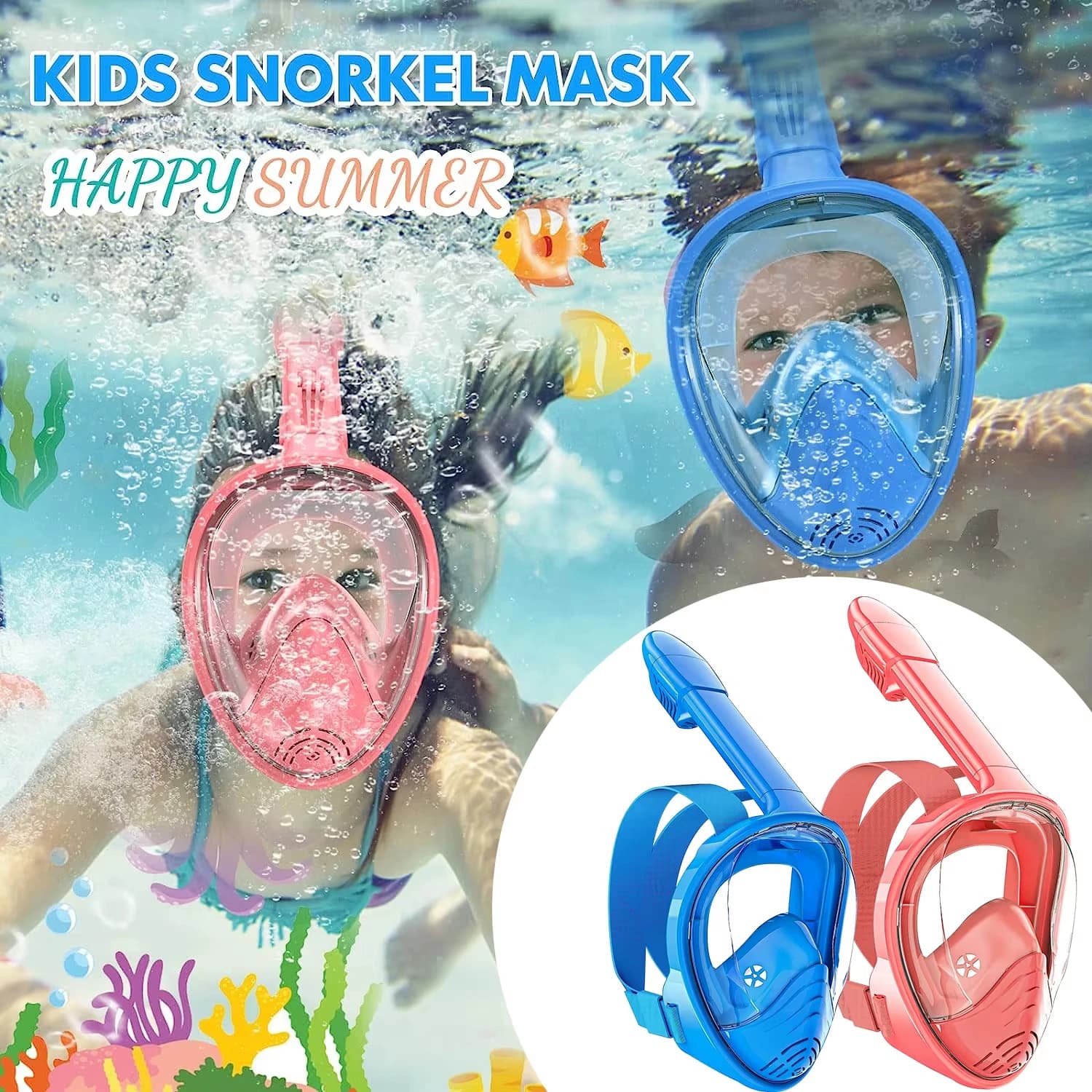Kids Snorkel Mask Anti-Fog Leak-Proof Soft Silicone Design Easy to Wear Diving Mask Underwater Scuba Full Face 360° Panoramic
