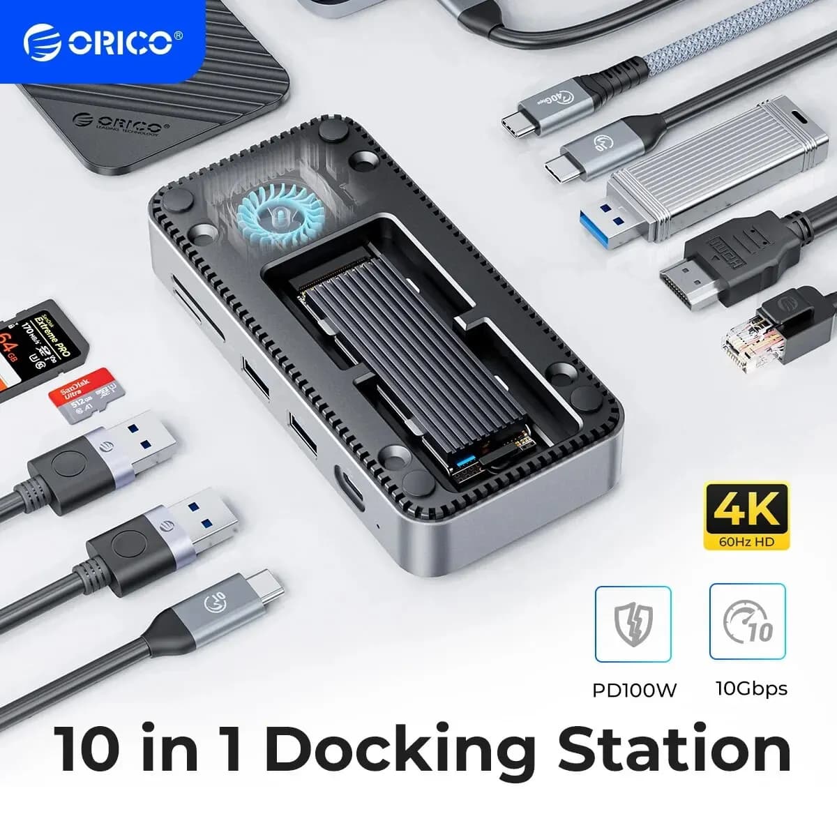 ORICO DPM2P9 HUB USB C con ventola di raffreddamento Custodia SSD M.2 NVMe esterna 10 Gbps 4K, 60 Hz HDMI-Com, Docking station RJ45 SDTF
