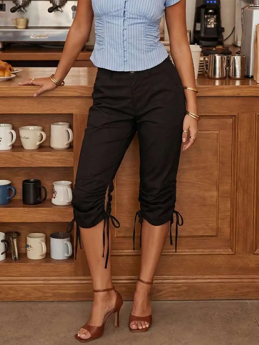 Women Mid Rise Drawstring Capri Pants Casual Slim Fit Yoga Lounge Knee Length