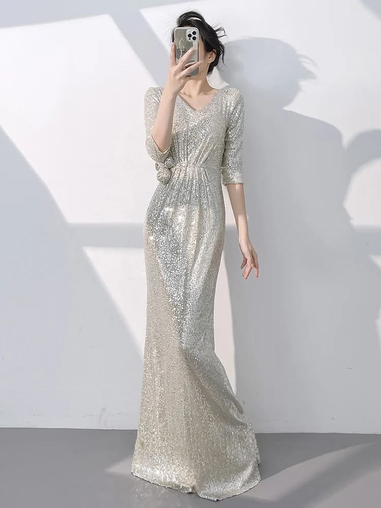 Champagne Color Evening Gown Women's High-End Sensation Luxury Long Sleeve Fish Tail Sequin Dress for Annual Conference Host