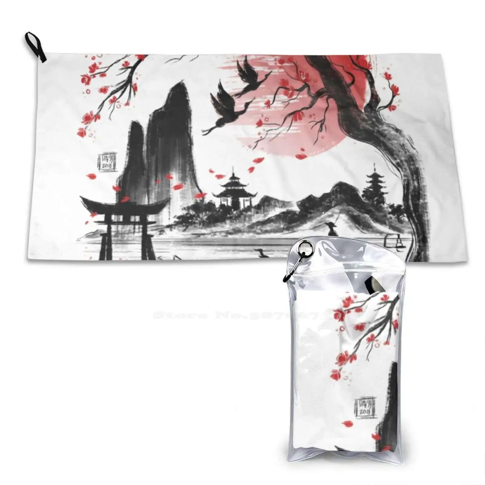 Giappone sogno morbido tessuto in microfibra asciugamano da viaggio giappone schizzo paesaggio rosso sole Sakura