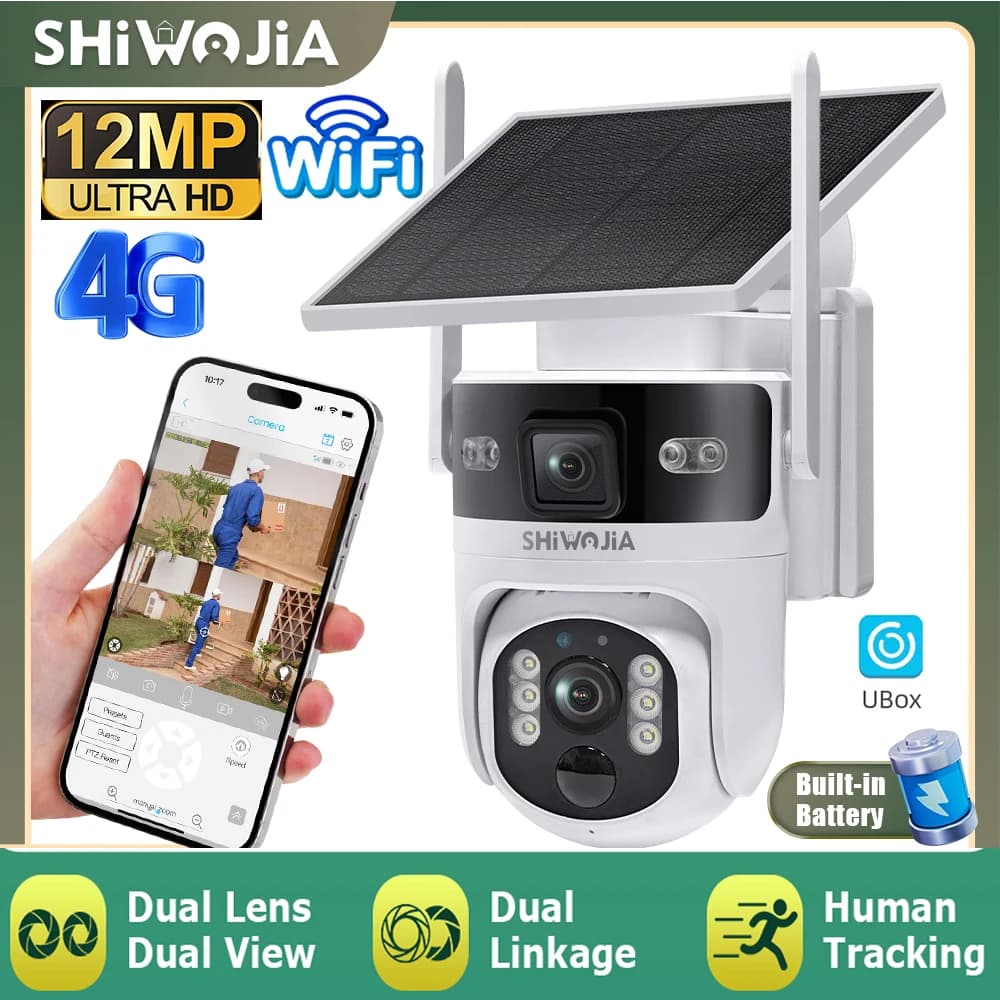 4G LTE SHIWOJIA Solar Security Camera with Battery, Double 12MP lens, PTZ WIFI Camera, PIR Detection, IP External Monitoring