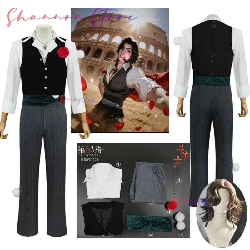 Costume Cosplay Identity V Matador, Parrucca, Gilet, Pantaloni, Collana, Accessori Floreali, Outfit da Uomo per Feste, Halloween, Giochi di Ruolo
