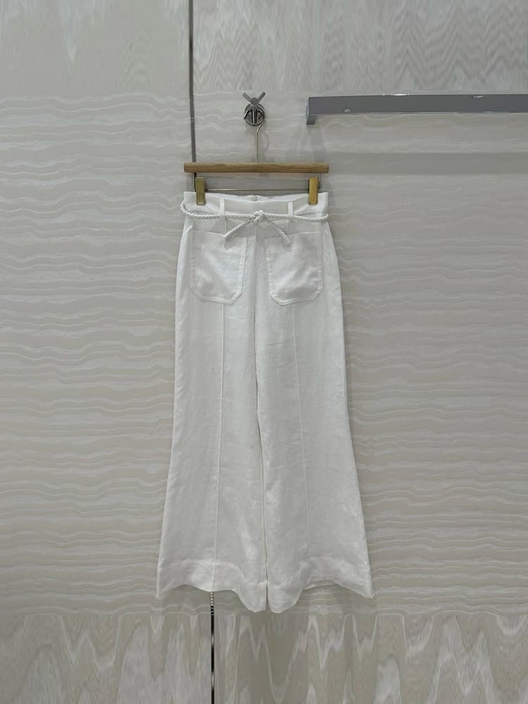 Spring Summer Fashion Daily Casual White Color Loose Wide Leg Pants Women's Solid Color Belt Pocket Straight Barrel Trousers