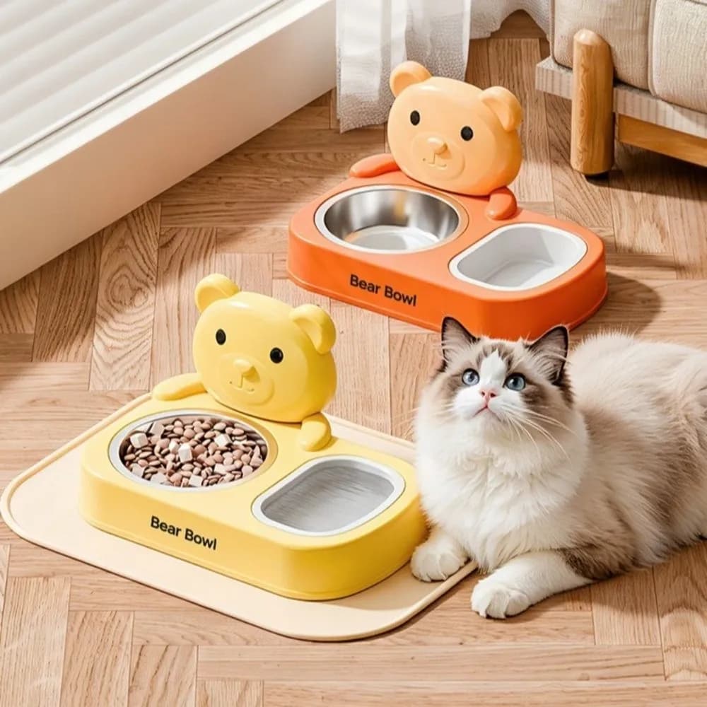Durable Cartoon Cat Food Water Bowl Non-Slip Base Detachable Cat Feeding Bowl Double Bowls Pet Water Container Puppy Feeding