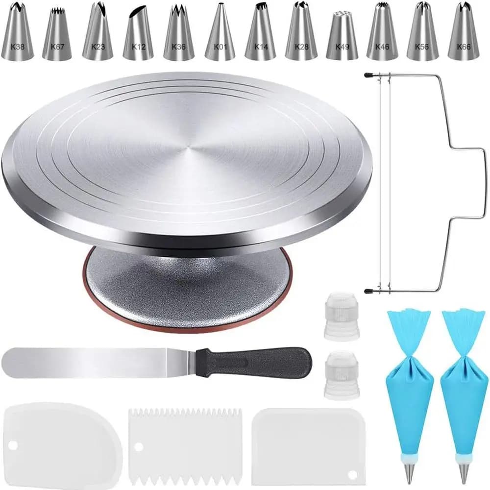 22-piece cake supply kit, oven tools with 12-inch aluminum cake turntables, set of piping and tips bags, Icin